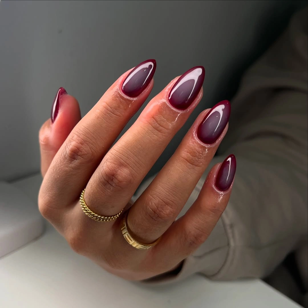fall burgundy nails with design Deep Wine Almond Nails With A Soft Glossy Center