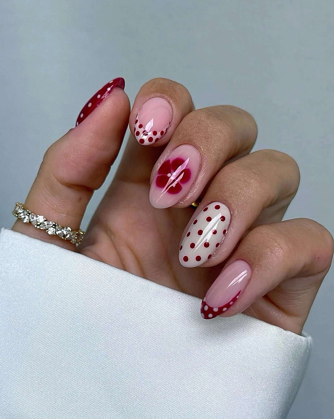 fall burgundy nails with design Soft Pink Burgundy Nails With Playful Dot Details