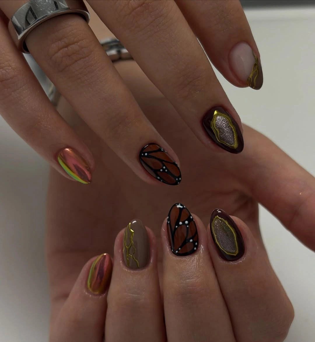 fall dark nail shadow ideas 2026 Autumn Butterfly and Metallic Mix