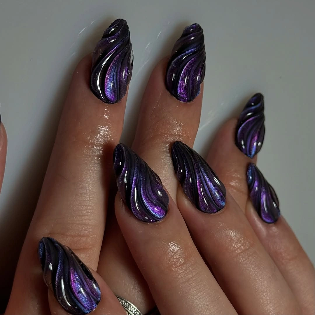 fall dark nail shadow ideas 2026 Sculpted Purple Shadow Waves