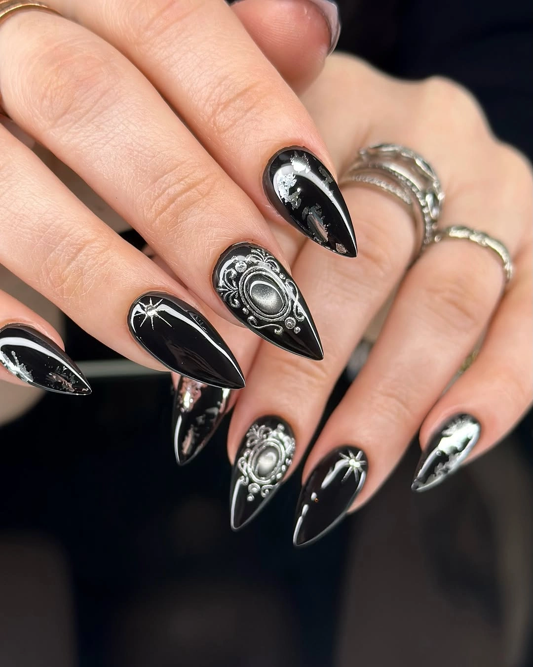 fall dark nail shadow ideas 2026 Black Chrome Gothic Charms