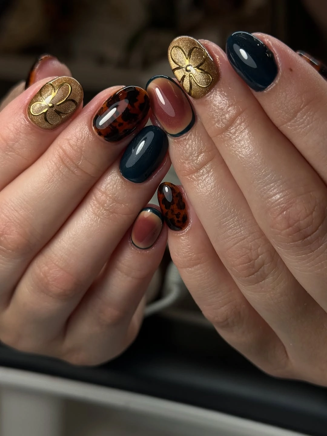 fall dark nail shadow ideas 2026 Dark Teal Tortoiseshell Mix