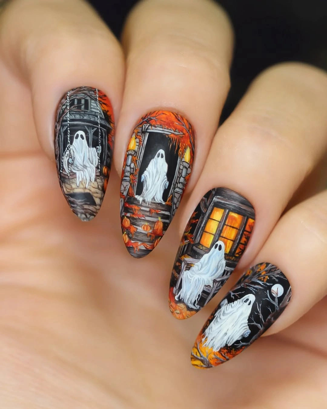 fall dark nail shadow ideas 2026 Haunted October Nail Art