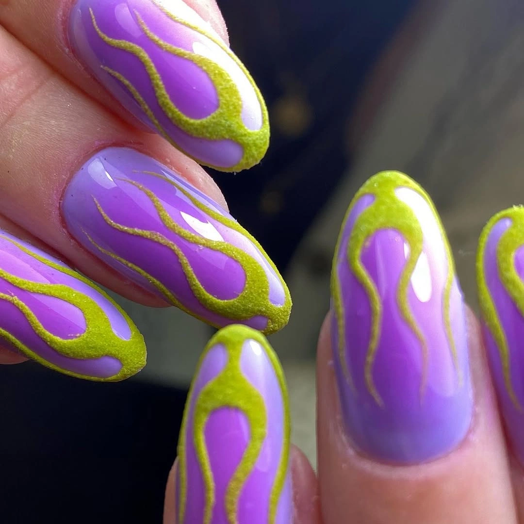 fall dip nails 2026 Electric Purple and Lime Flame Nails