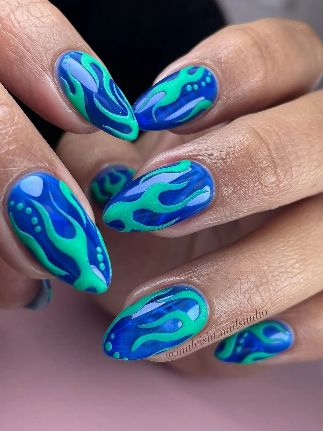 fall dip nails 2026 Electric Blue and Green Flame Nails