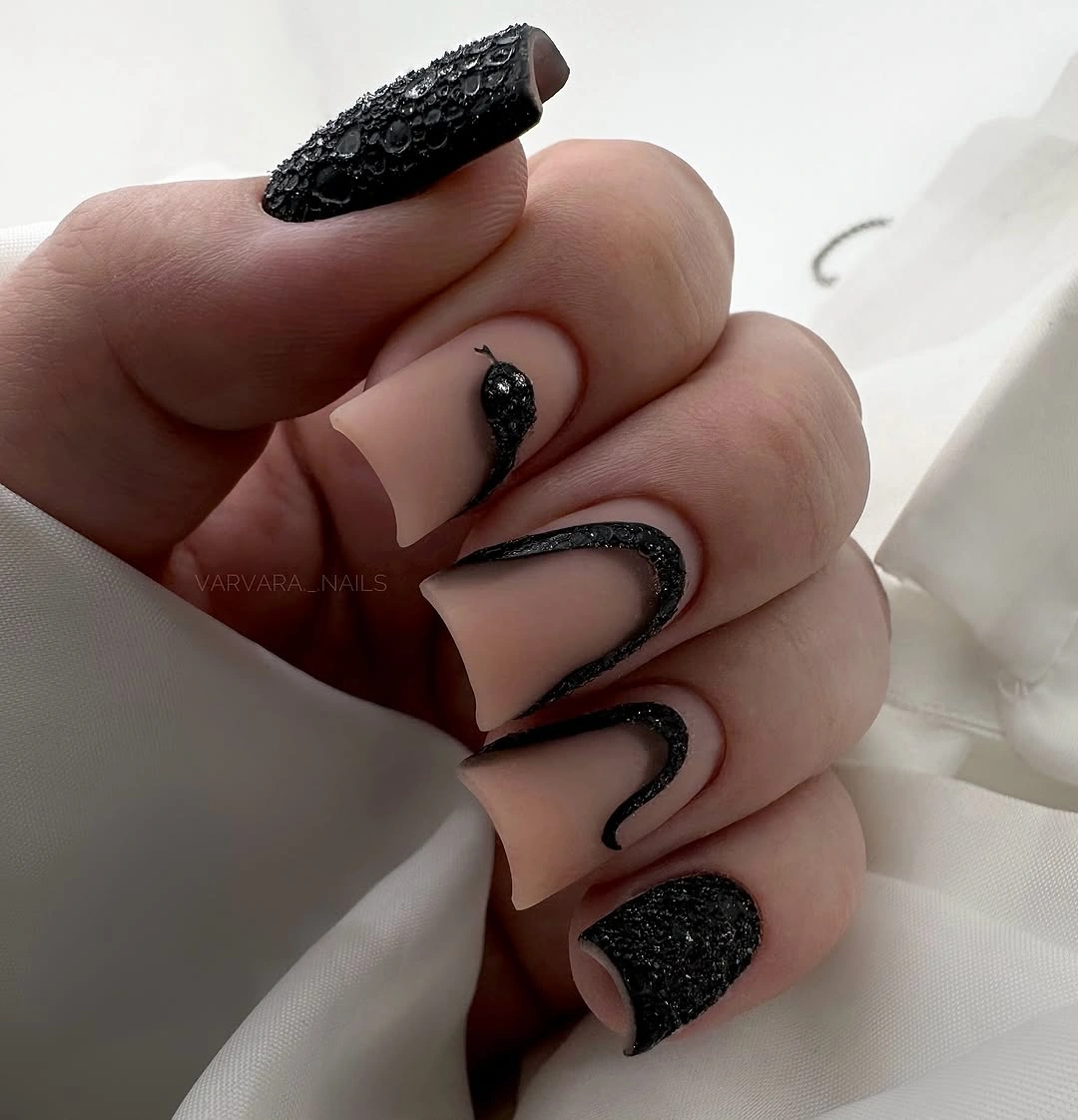 fall dip nails 2026 Black Serpent Texture Nails