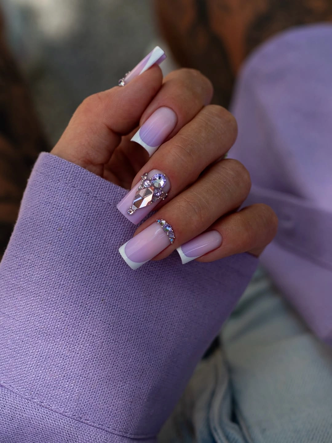 fall french nails 2026 Lavender French With Sparkling Statement Accents