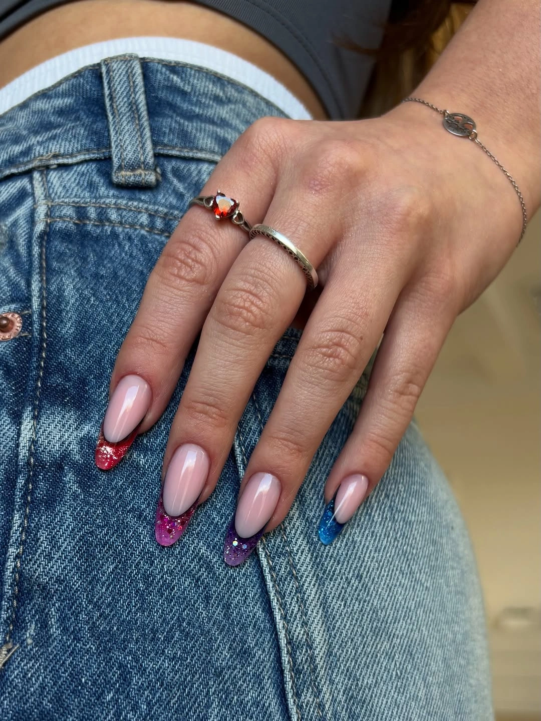 fall french nails 2026 Glitter Rainbow French For Colorful Fall Days
