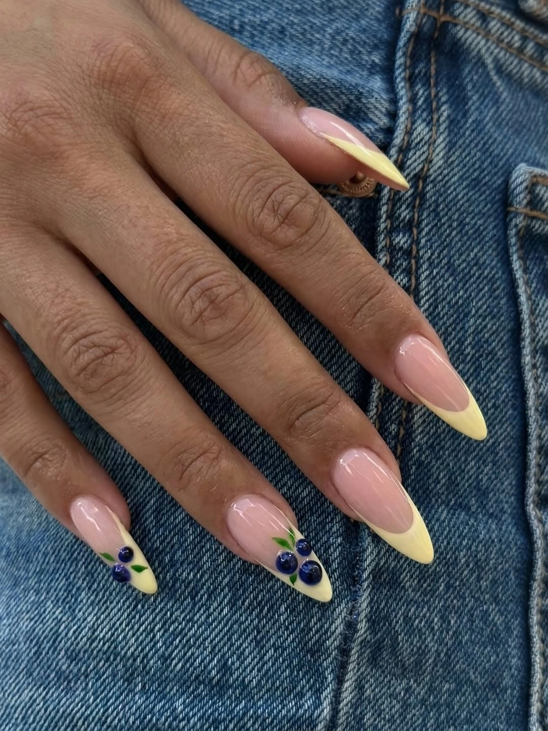 fall french nails 2026 Soft Butter Yellow French With Blueberry Art