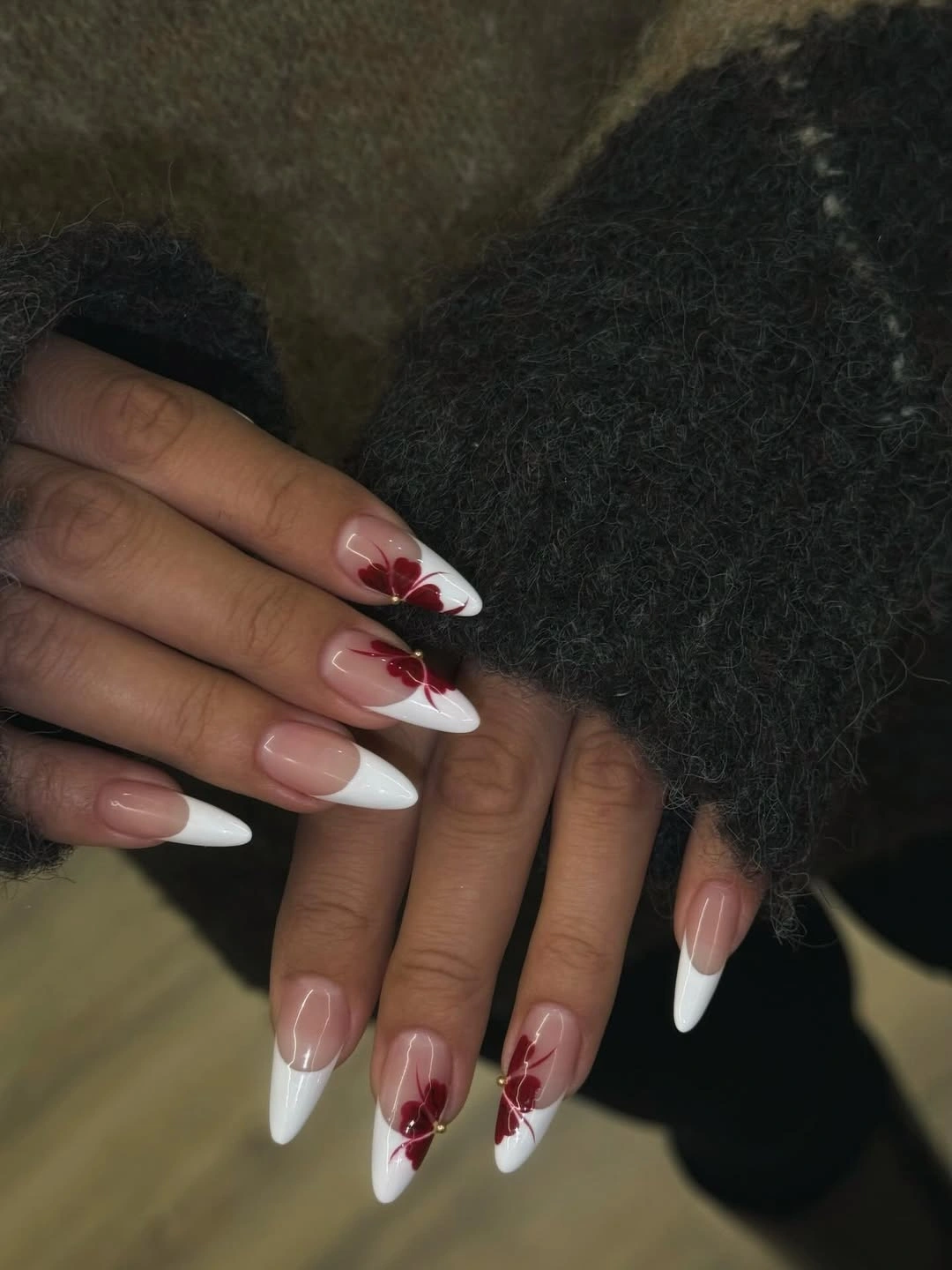 fall french nails 2026 White French With Burgundy Autumn Florals
