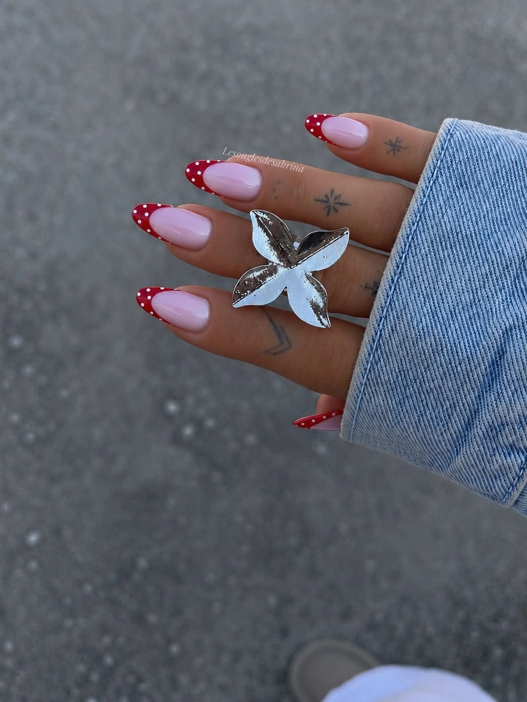 fall french nails 2026 Cherry Red Polka Dot French