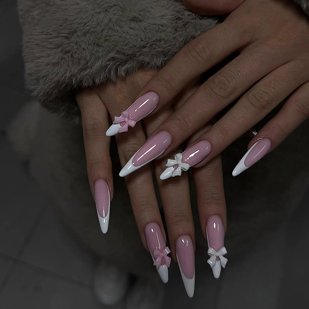 fall french nails 2026 Pink Bow French Manicure