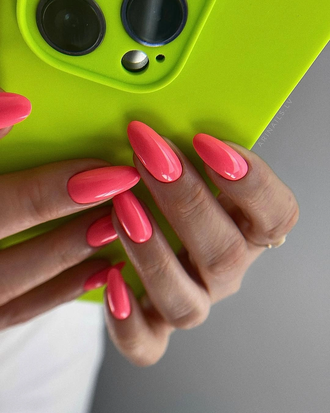 Fall gel nails ideas 2026 Glossy Coral Almond Nails