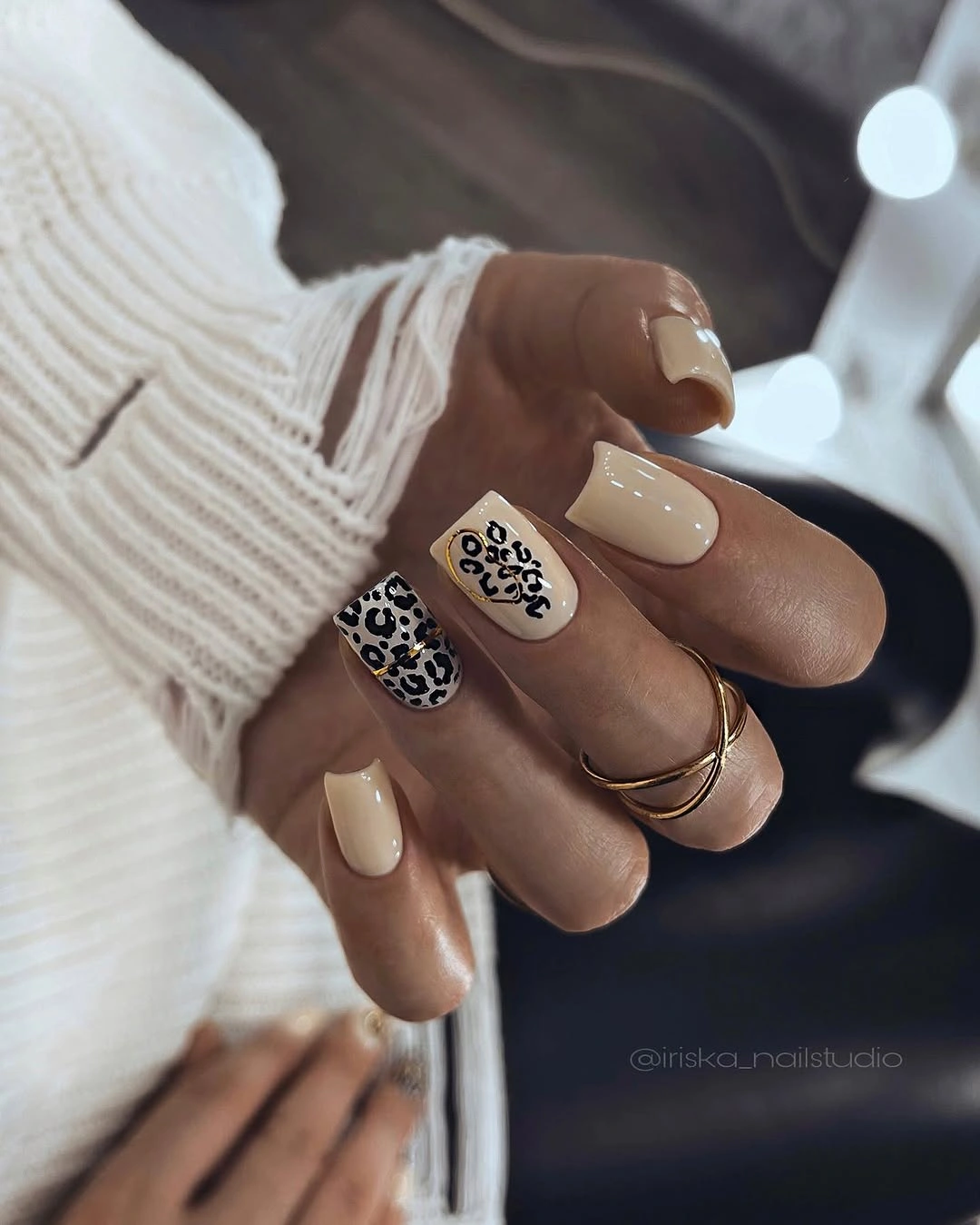 Fall gel nails ideas 2026 Creamy Leopard Accent Nails