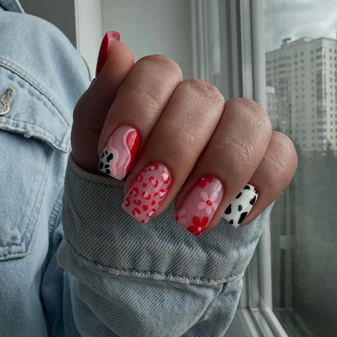 fall gel nails ideas 2026 Playful Red And Pink Autumn Nails