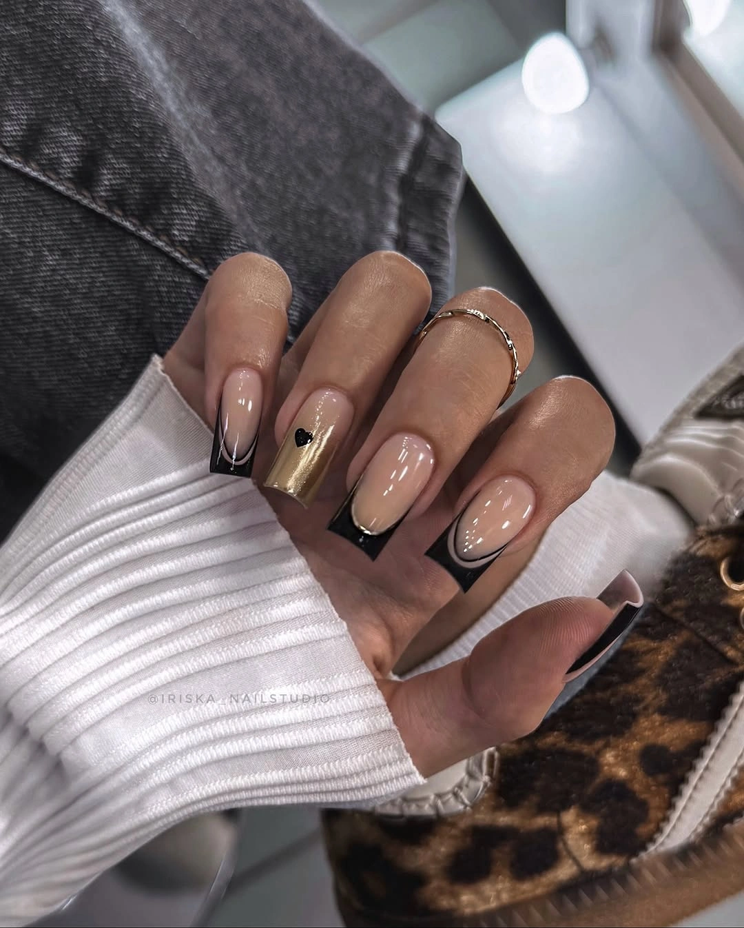 fall gel nails ideas 2026 Black French Tip Gold Accent Nails