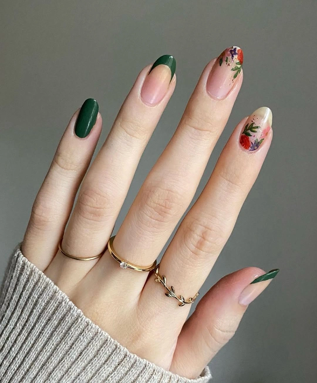 Fall gel nails ideas 2026 Green French Tips With Tiny Florals