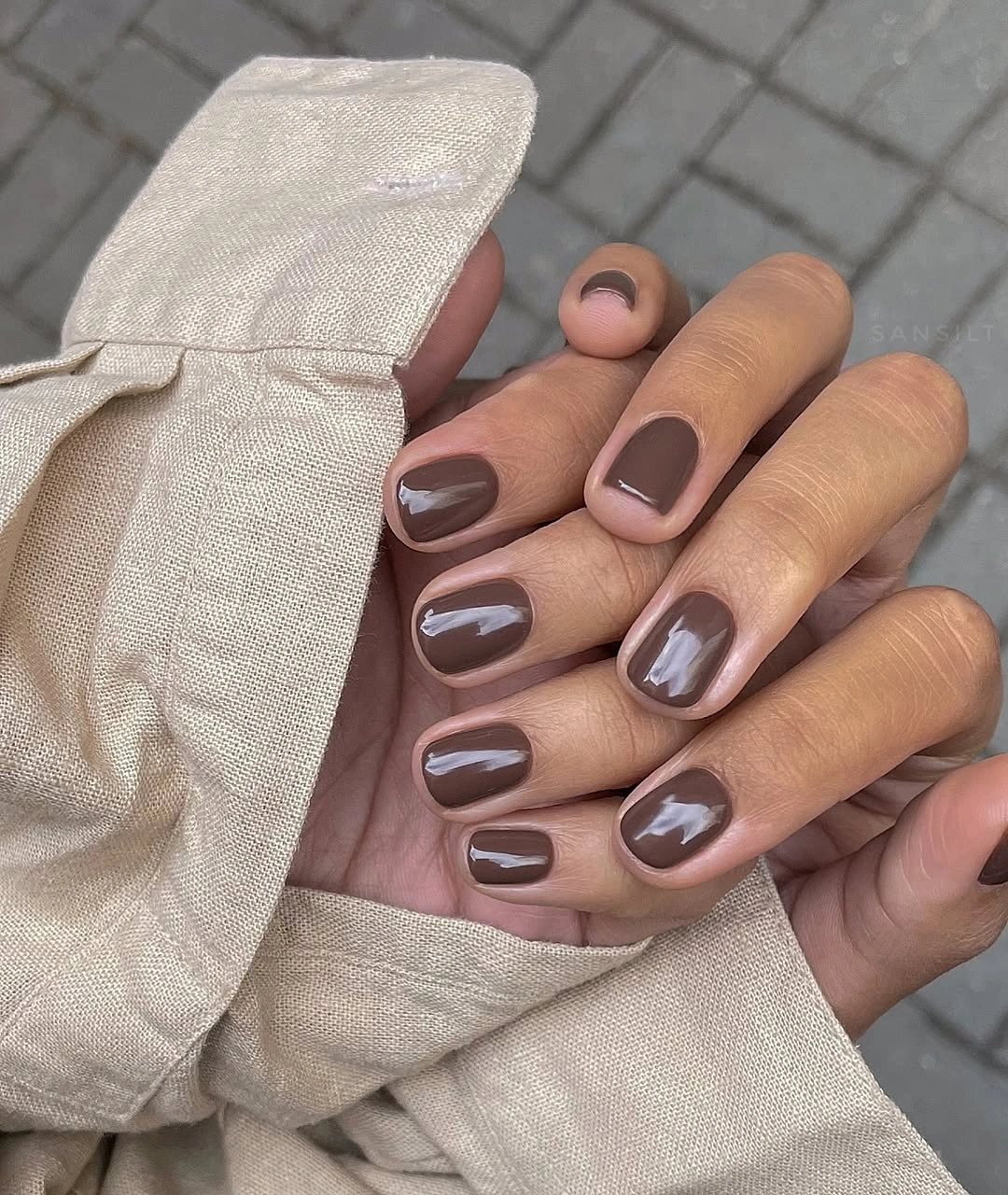 Fall gel nails ideas 2026 Chocolate Brown Short Gel Nails