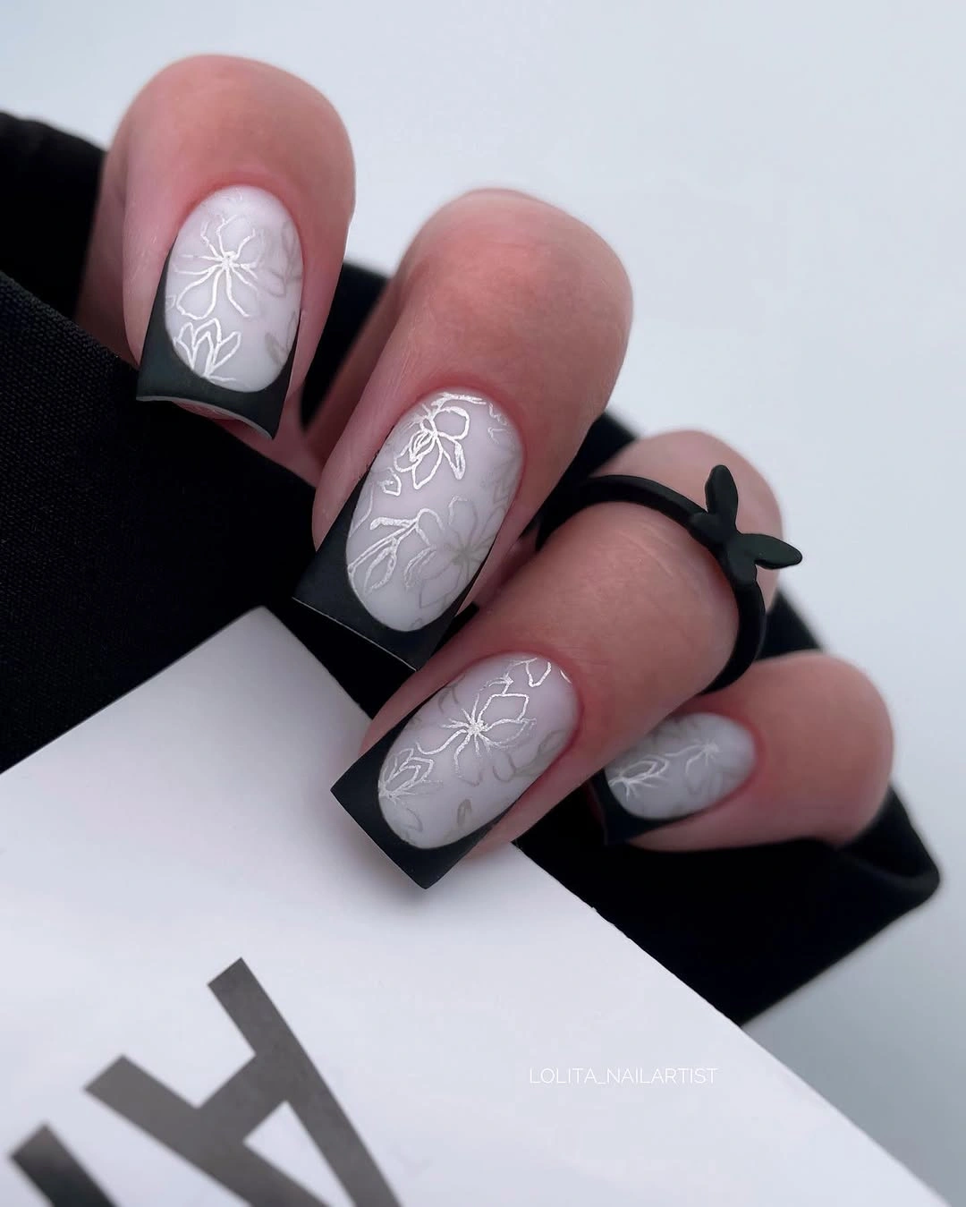 Fall gel nails ideas 2026 Black French Floral Nails