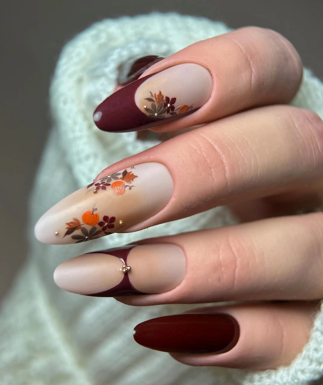 fall long nails 2026 Autumn Burgundy Nails With Tiny Pumpkin Art