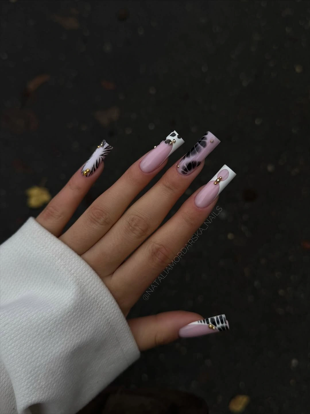 fall long nails 2026 Pink And Black Feathered French Nails