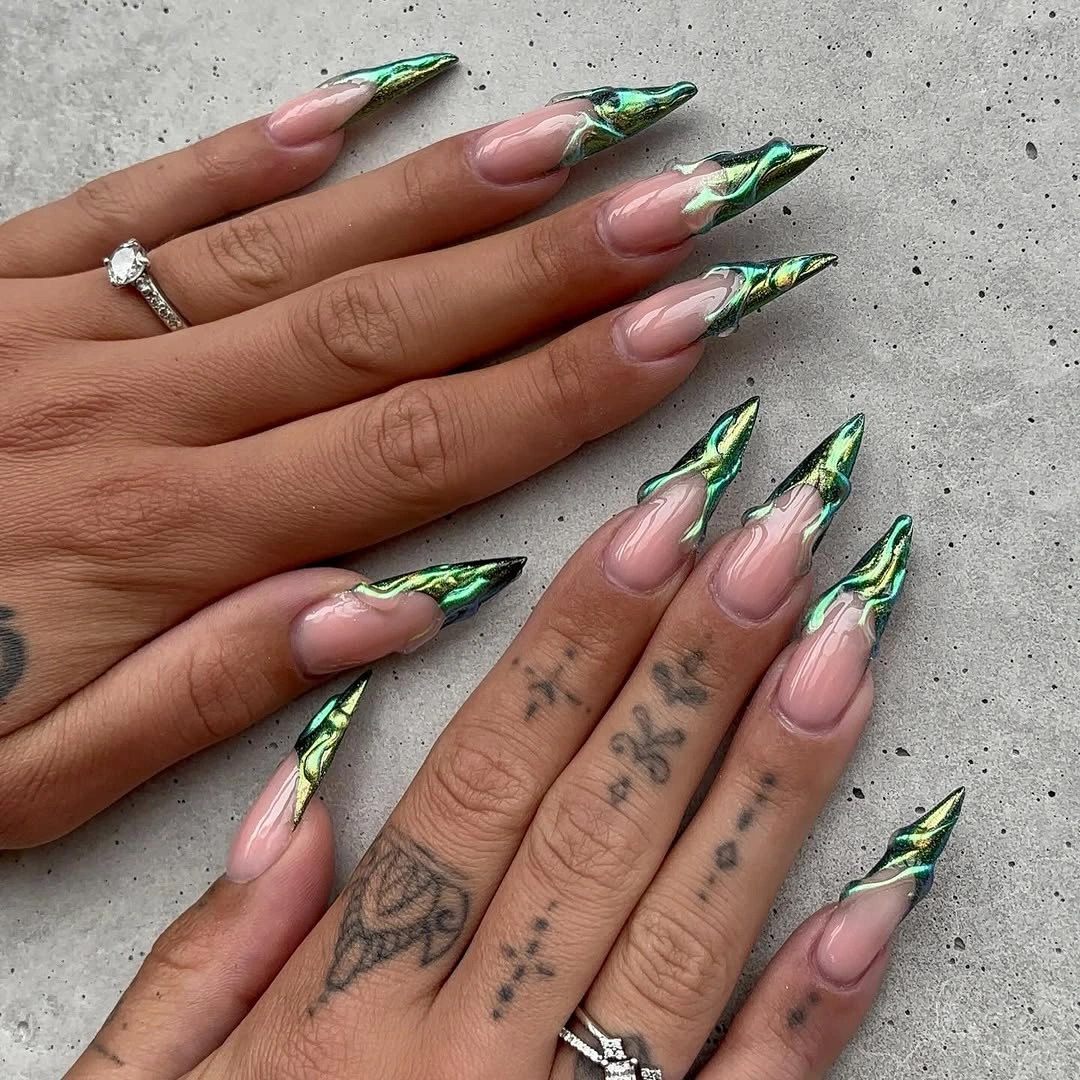 fall long nails 2026 Emerald Chrome Stiletto Nails