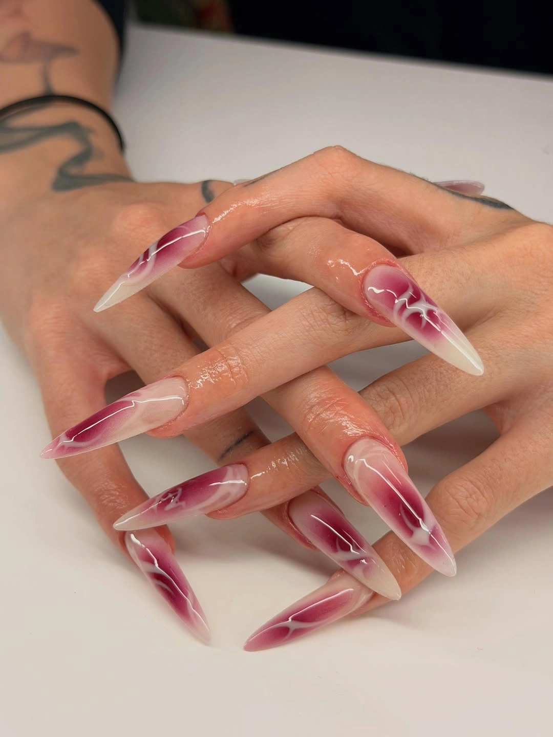 fall long nails 2026 Berry Ombre Nails With White Waves