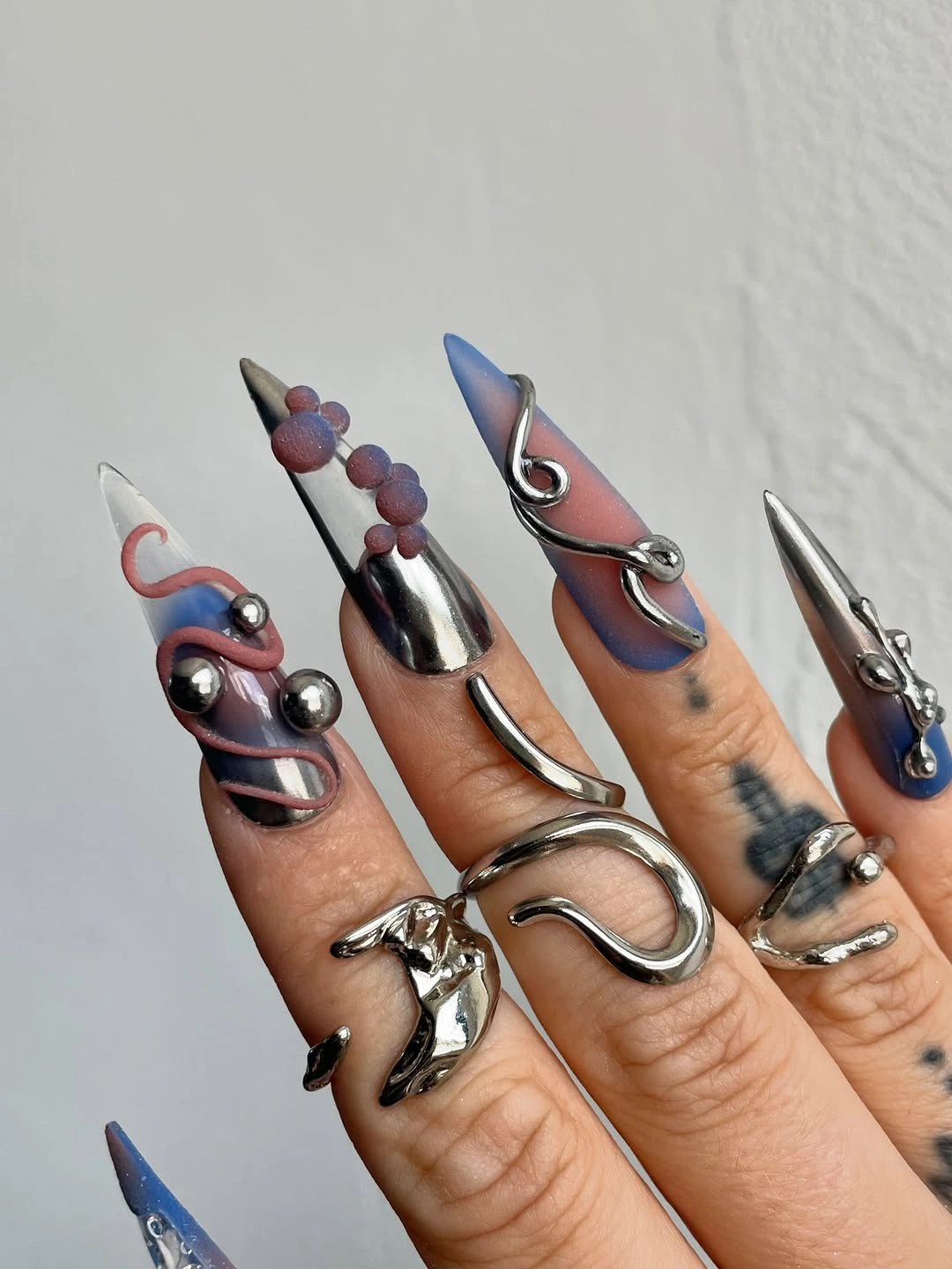 fall long nails 2026 Blue Chrome Sculptural Statement Nails
