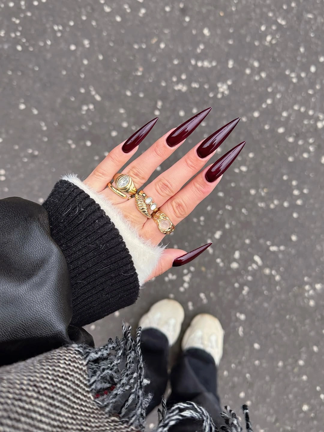 fall long nails 2026 Deep Burgundy Stiletto Nails
