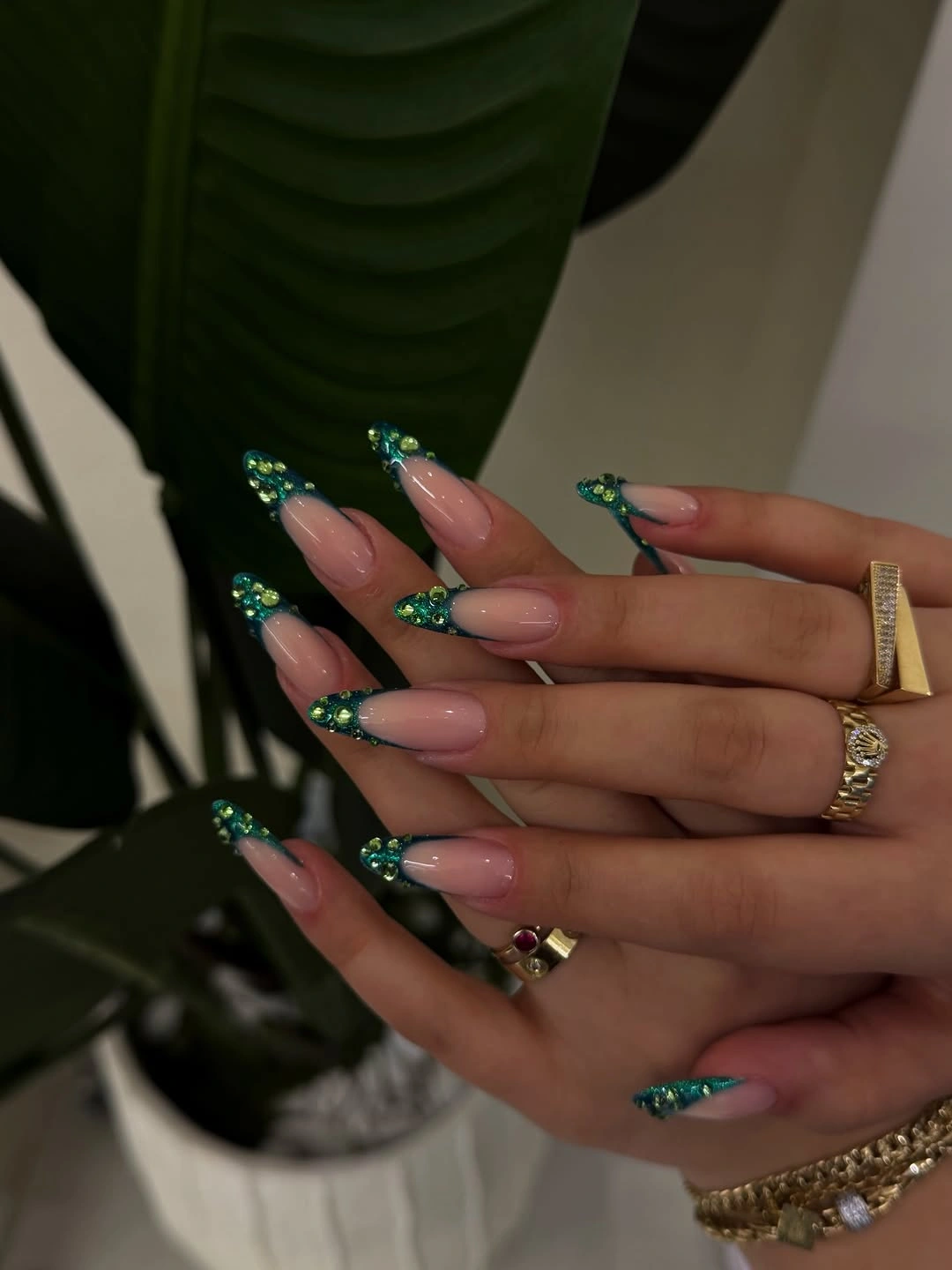 fall long nails 2026 Emerald Jeweled French Tips