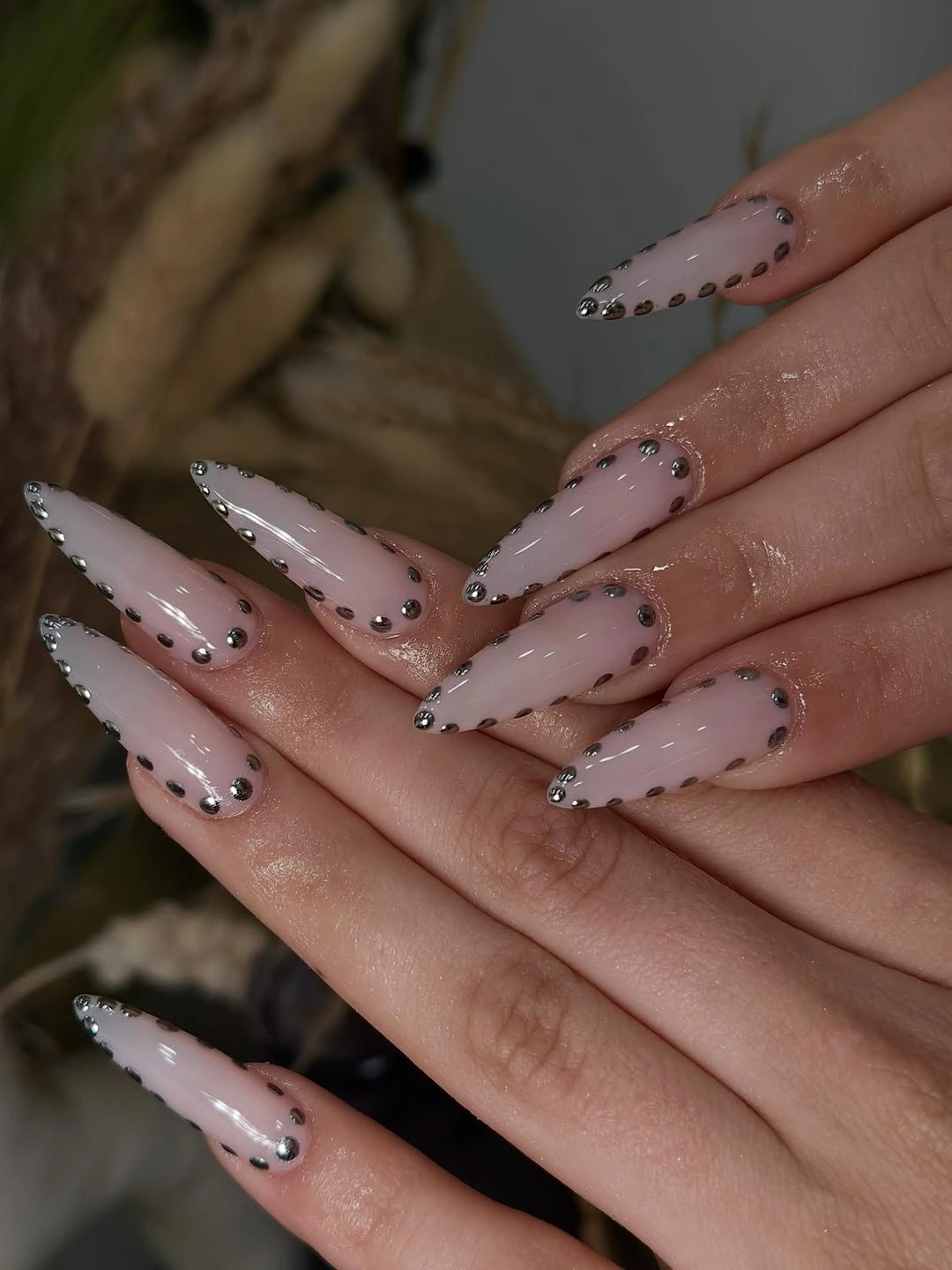 fall long nails 2026 Soft Pink Nails With Silver Studs