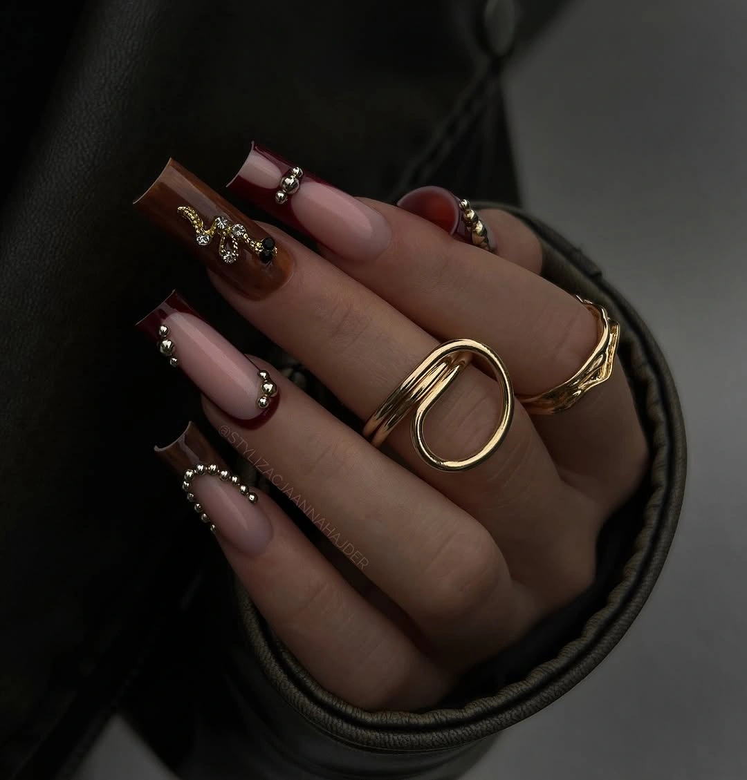 fall long nails 2026 Chocolate Brown And Gold Glamour Nails