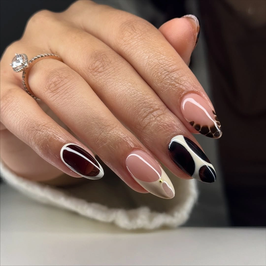 fall long nails 2026 Glossy Burgundy And Leopard French Nails
