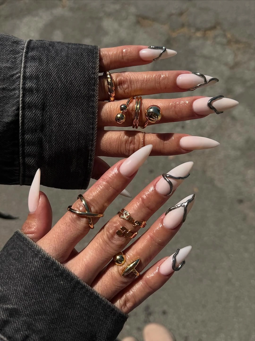 fall long nails 2026 Minimal Nude Nails With Sculptural Chrome Lines