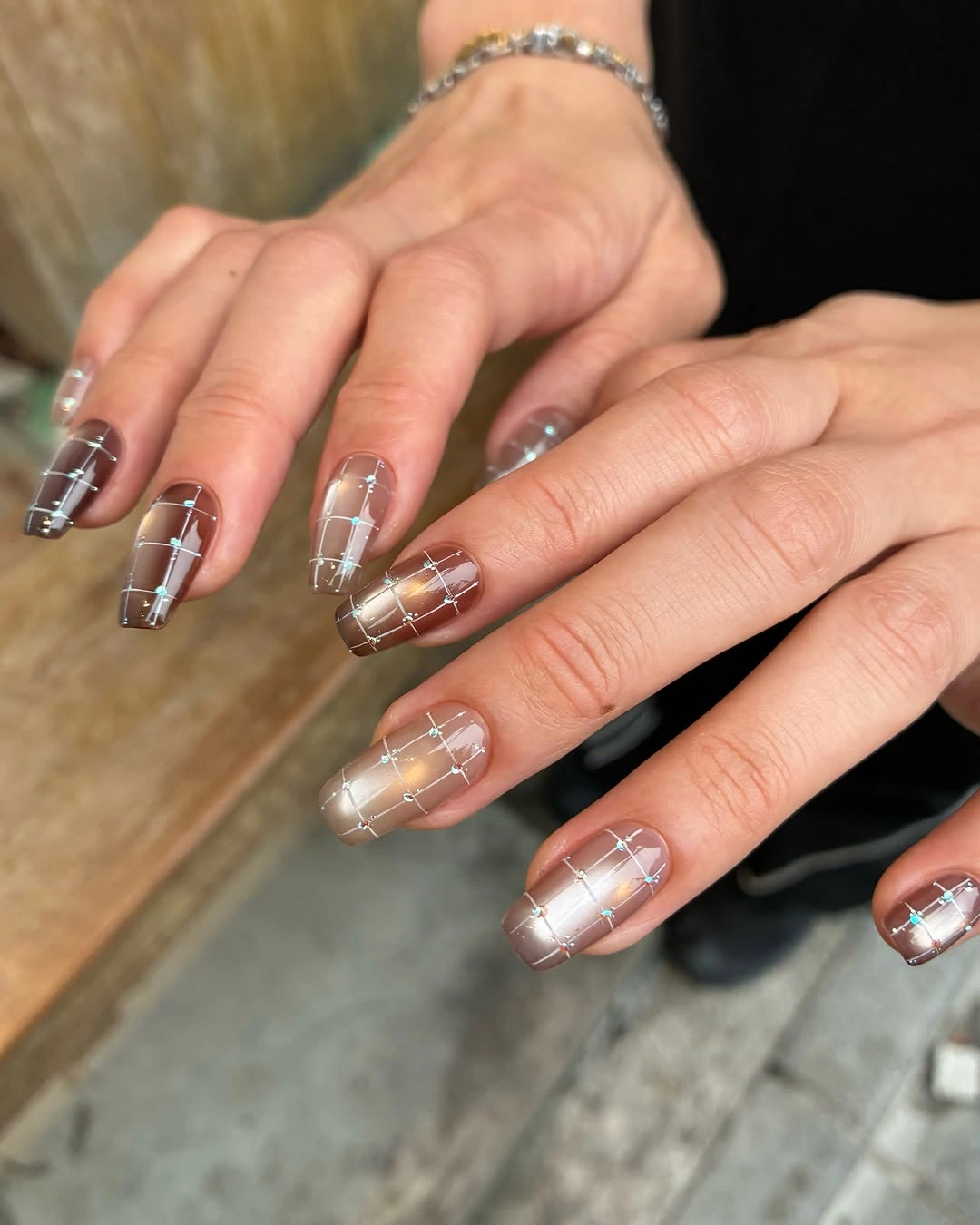 fall manicure ideas 2026 Chocolate Glass Grid Nails