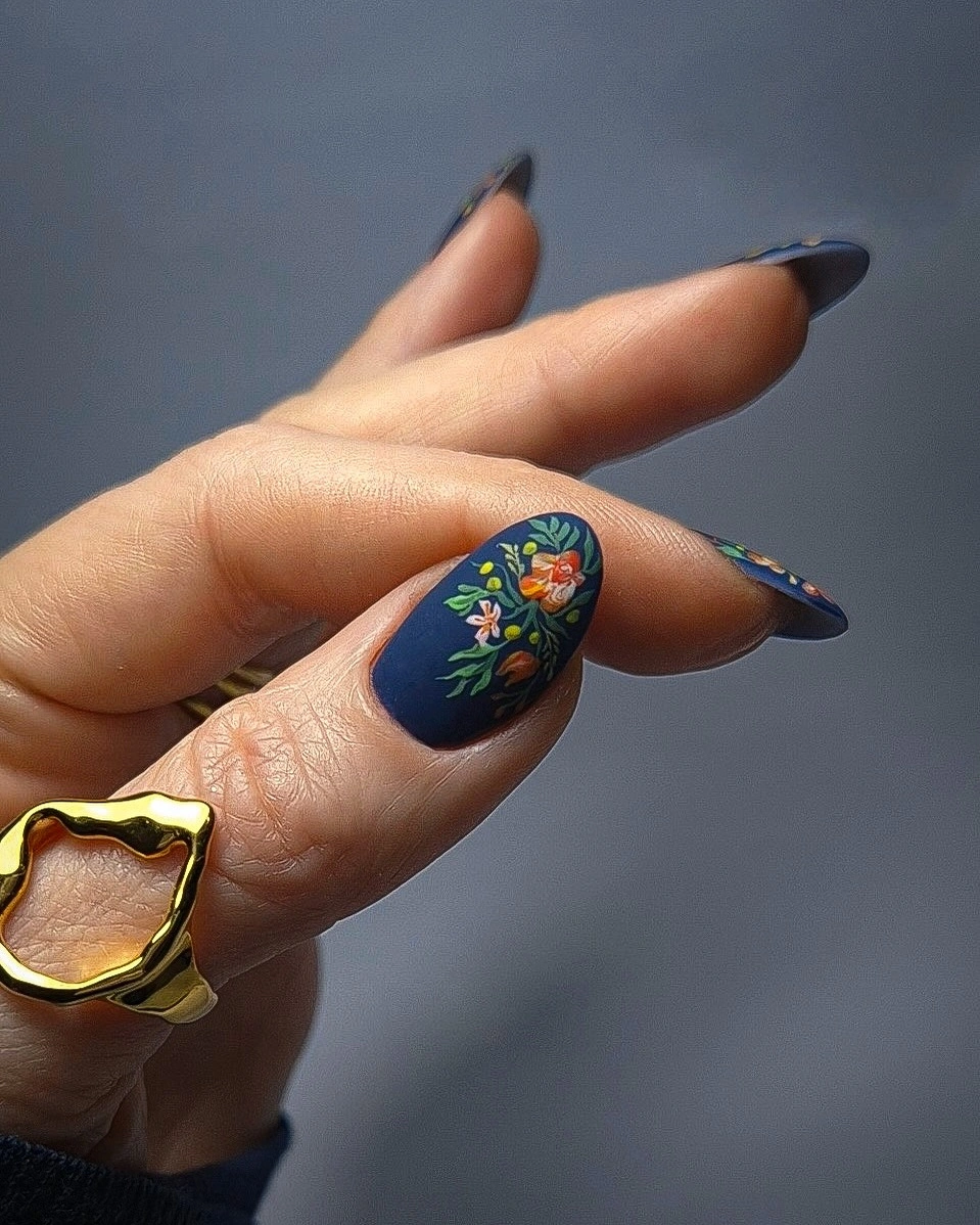 fall matte nails 2026 Midnight Blue Matte Floral Nails