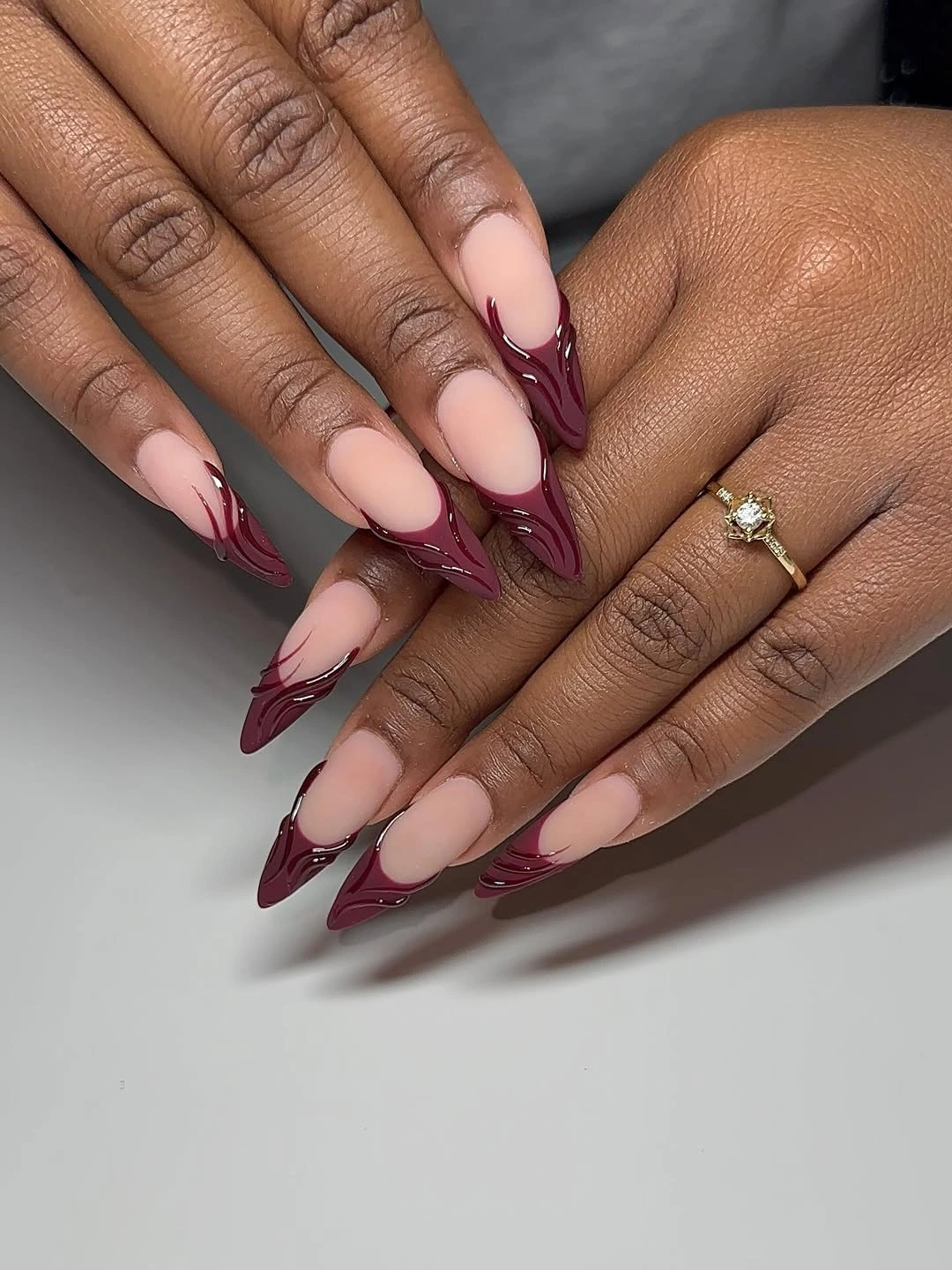 fall matte nails 2026 Burgundy Glossy Tips On Matte Nude