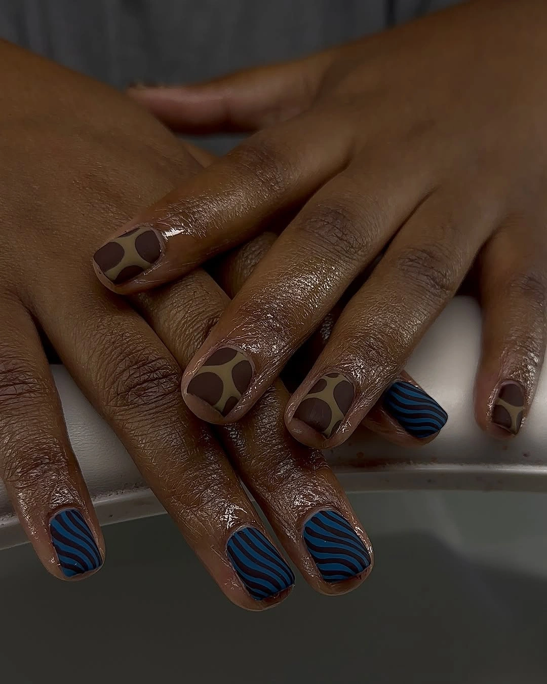 fall matte nails 2026 Brown And Blue Graphic Short Nails