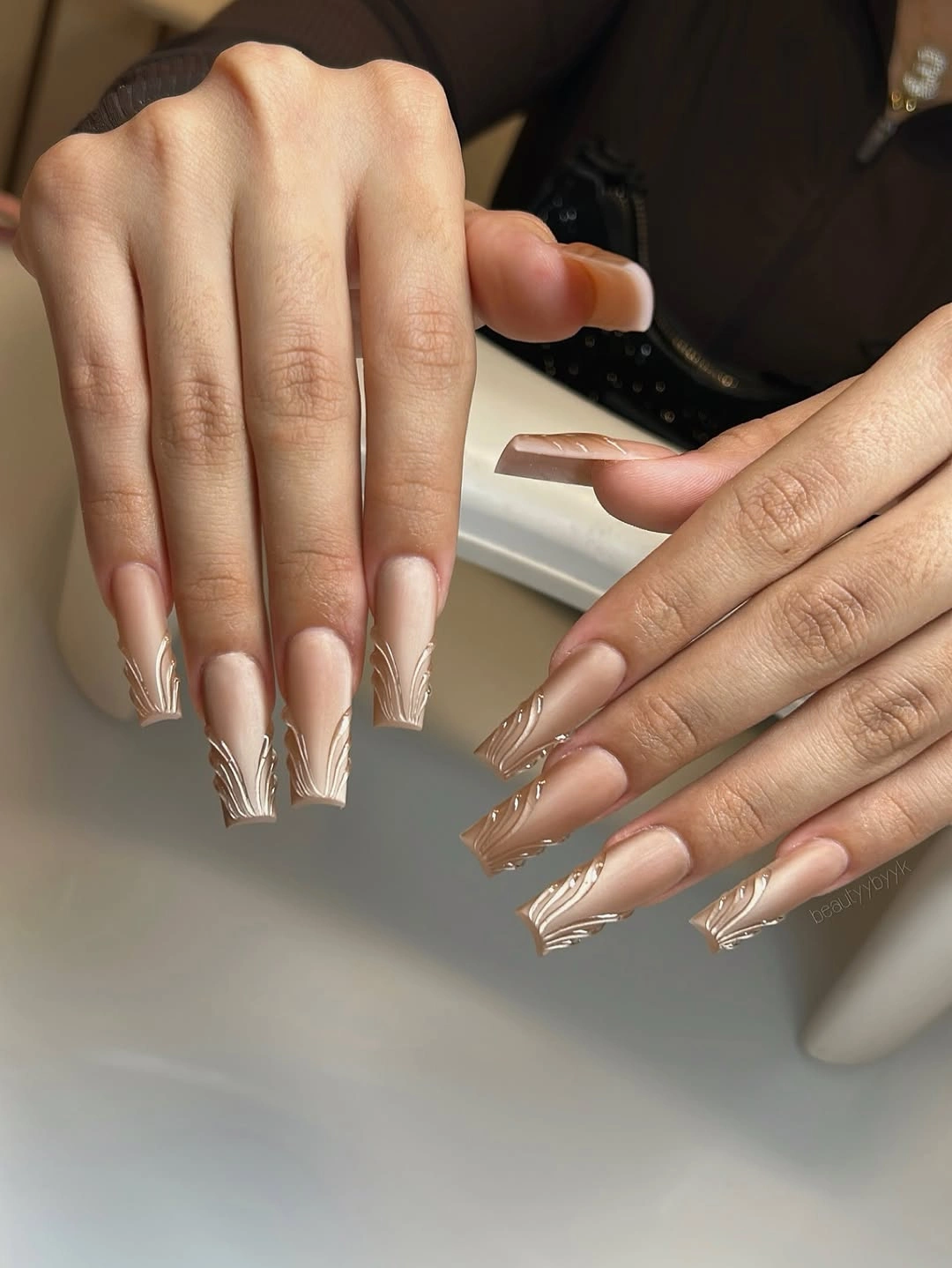 fall matte nails 2026 Matte Nude Nails With Sculpted Metallic Tips