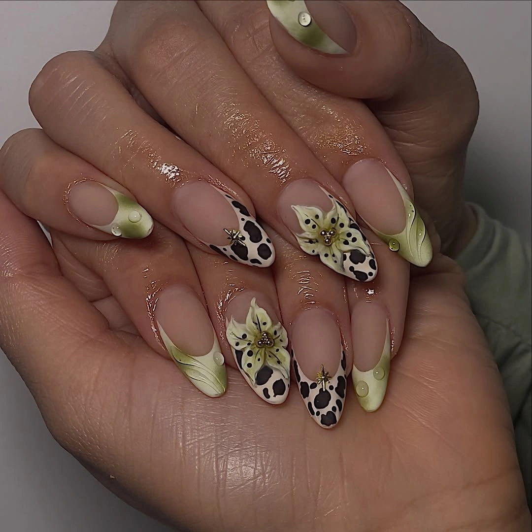 fall matte nails 2026 Olive Floral And Cow Print Nails