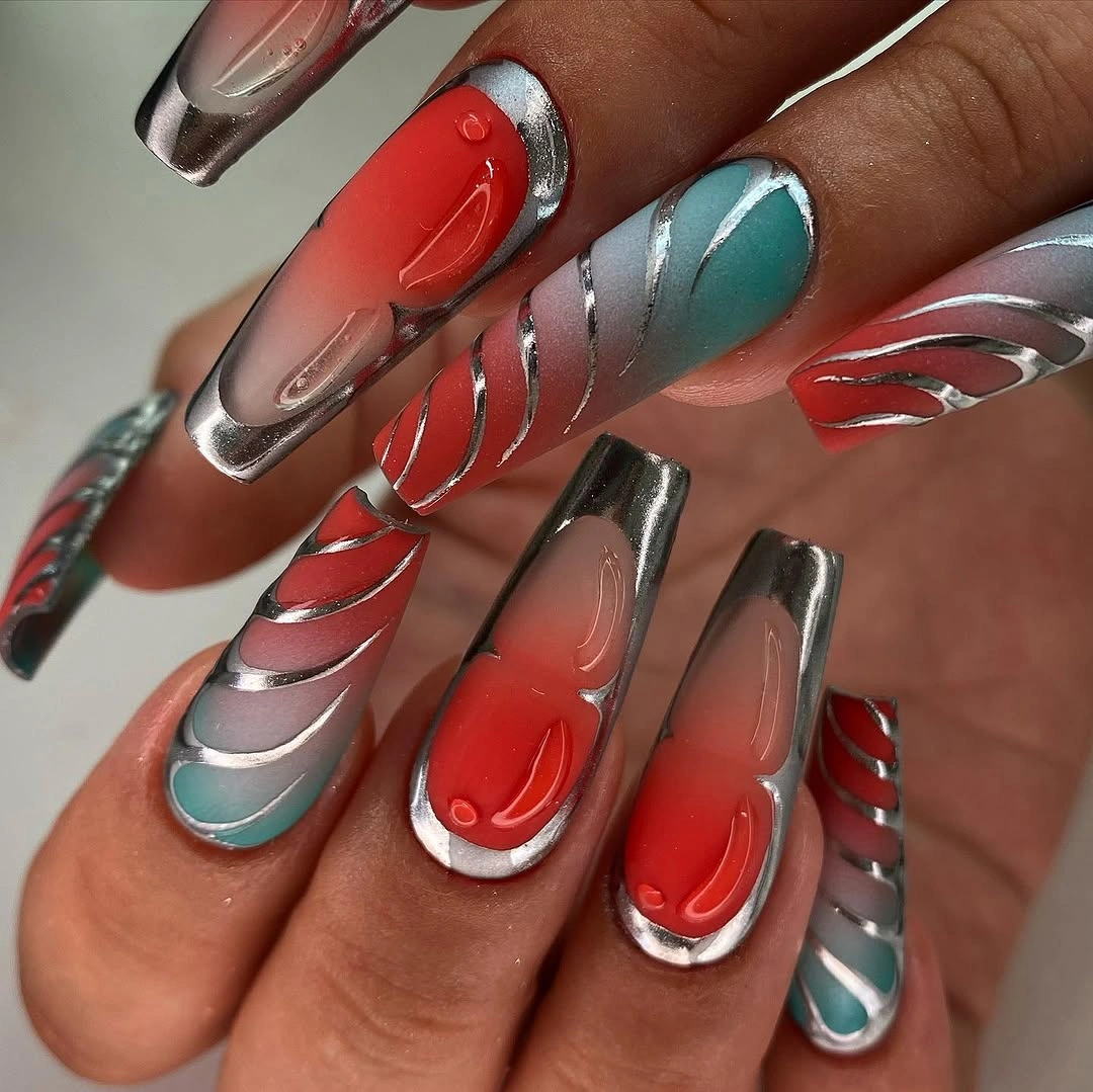 fall matte nails 2026 Chrome Framed Coral And Aqua Nails