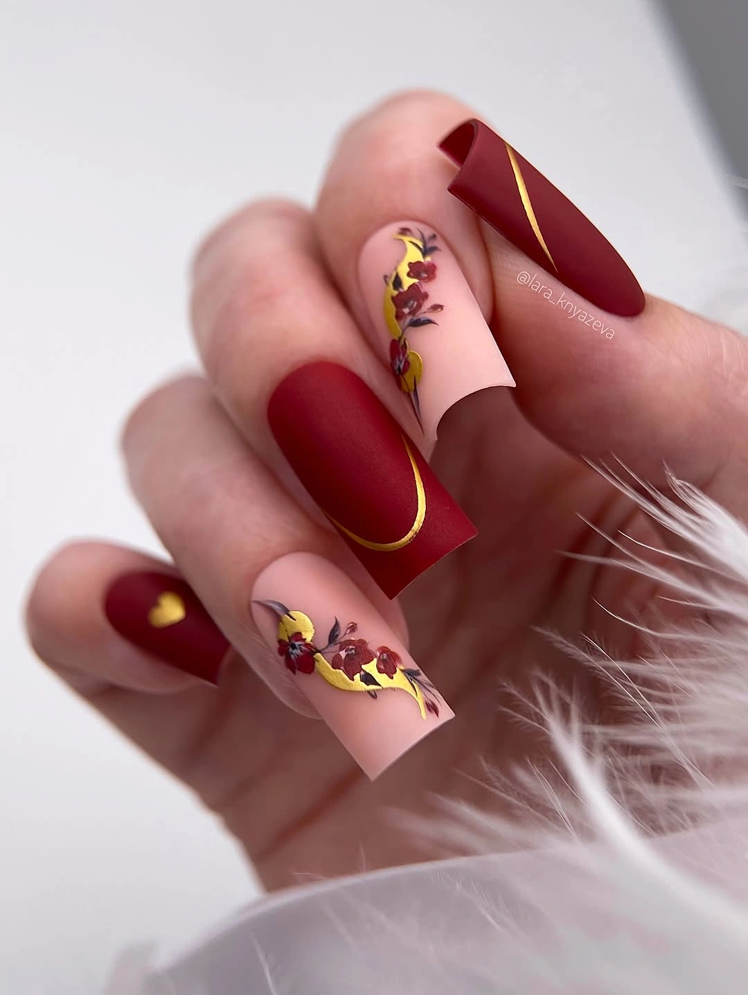 fall matte nails 2026 Burgundy Matte Nails With Golden Florals