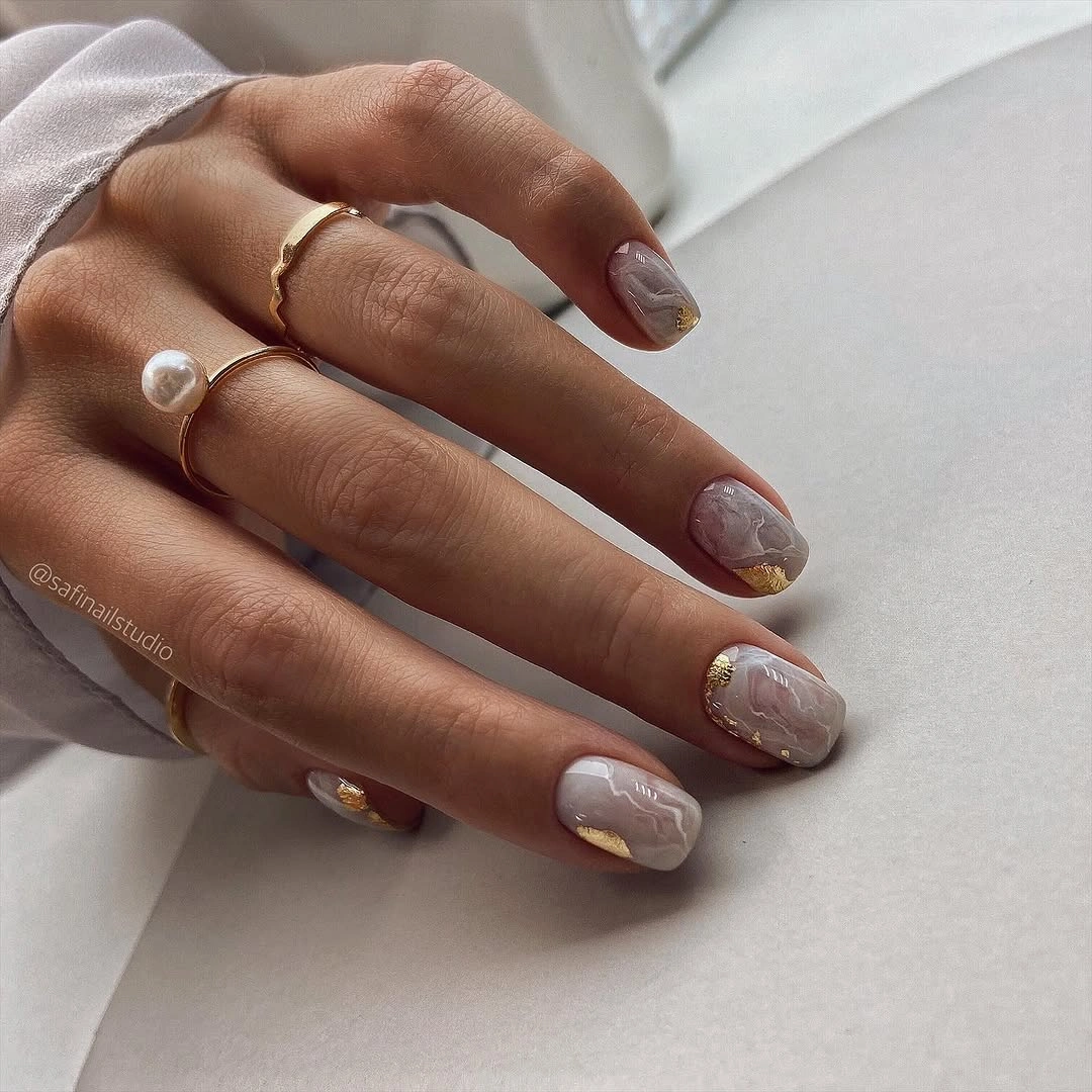fall matte nails 2026 Smoky Marble Short Nails With Gold