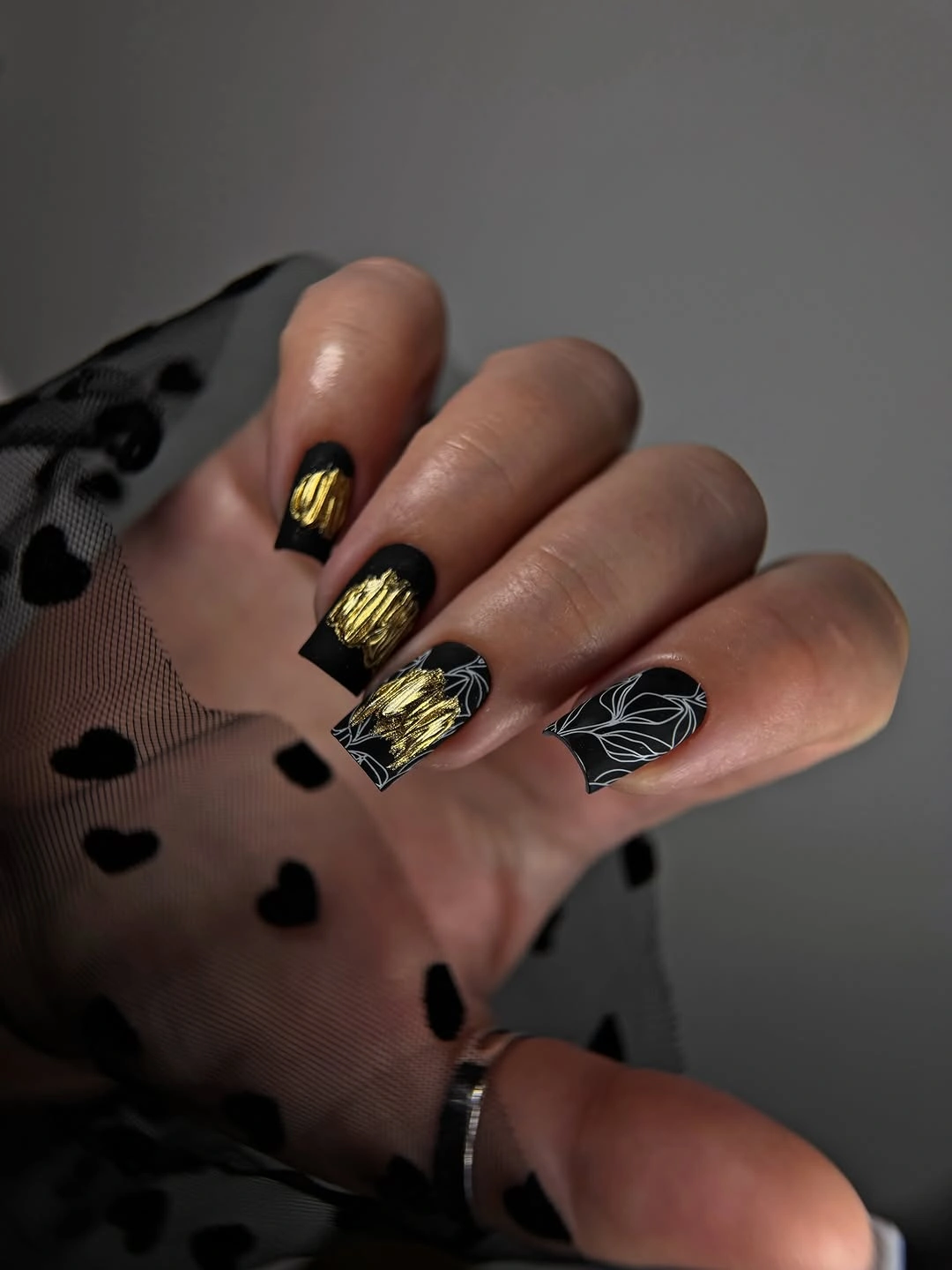 fall matte nails 2026 Black Matte Nails With Golden Brushstrokes