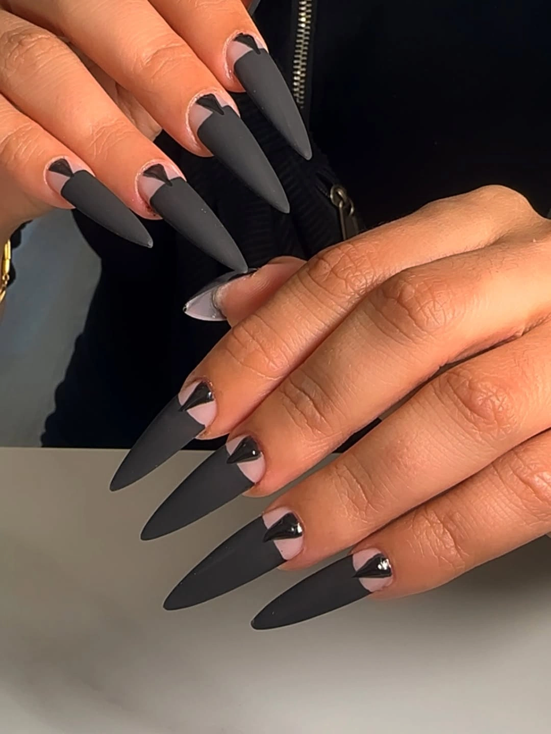 fall matte nails 2026 Charcoal Matte Stiletto Nails