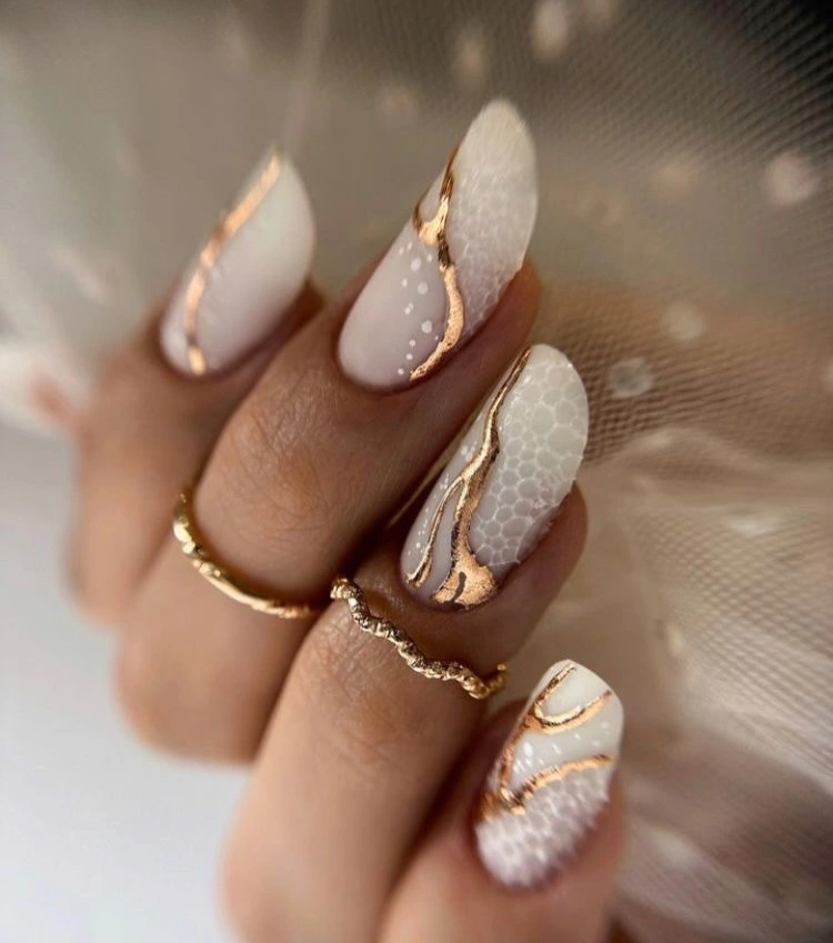 fall mid length nails 2026 Elegant White And Gold Nail Art