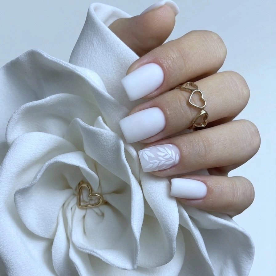 fall mid length nails 2026 Matte White Botanical Simplicity