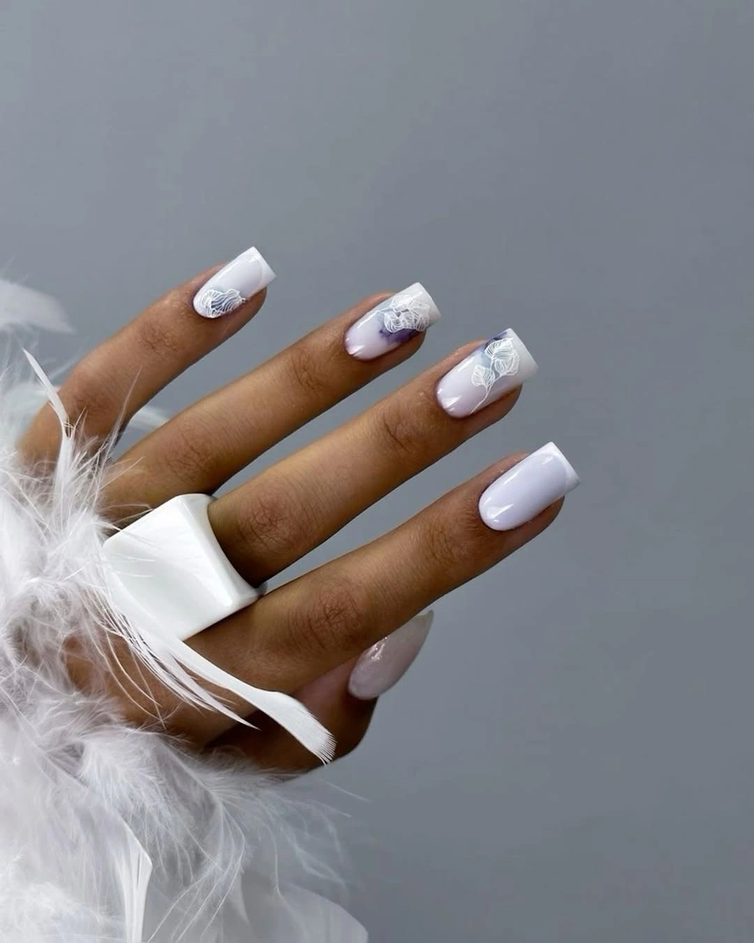 fall mid length nails 2026 Soft White Floral Acrylic Square