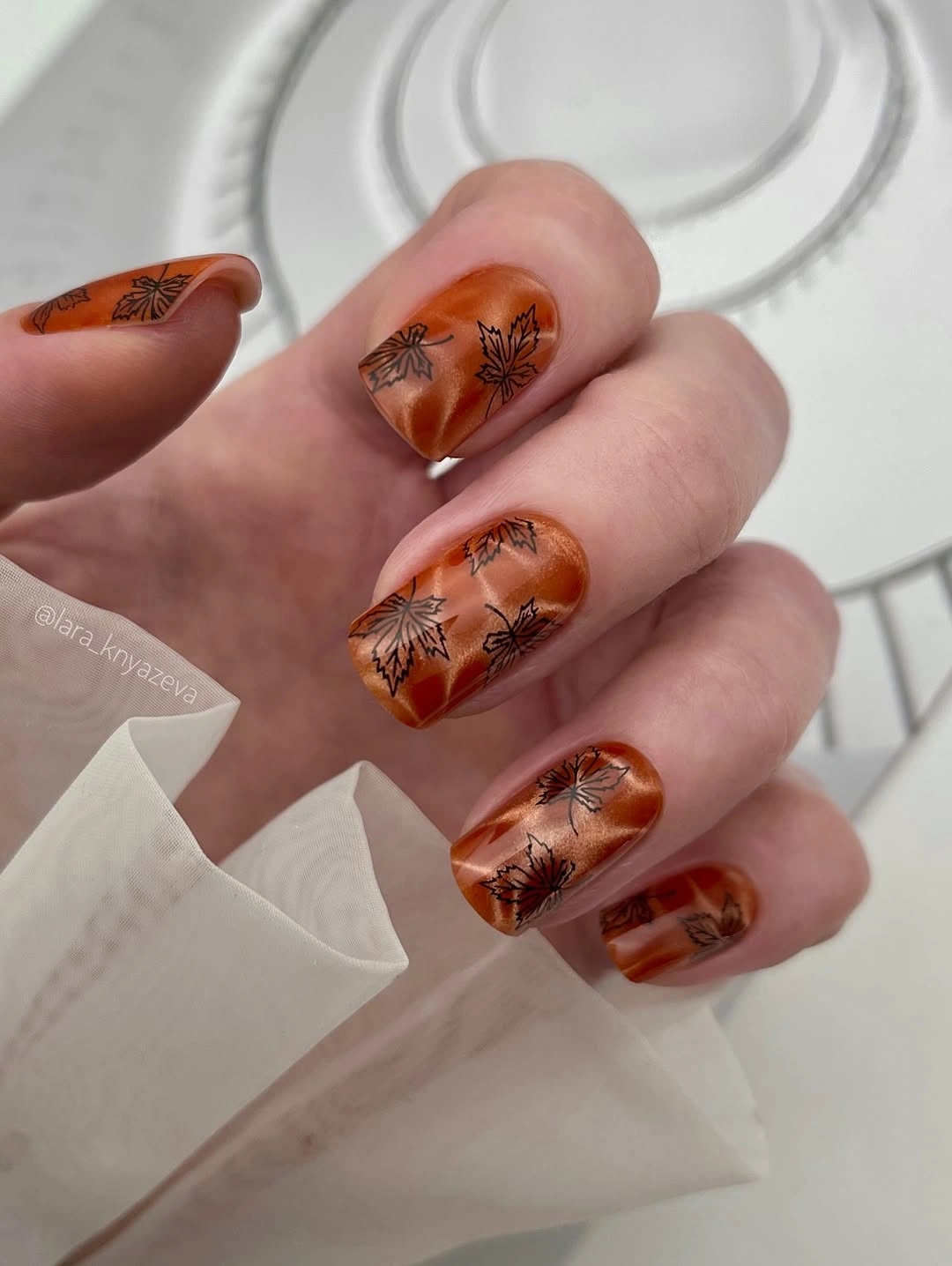 fall nail art ideas 2026 Copper Leaves on Burnished Square Nails
