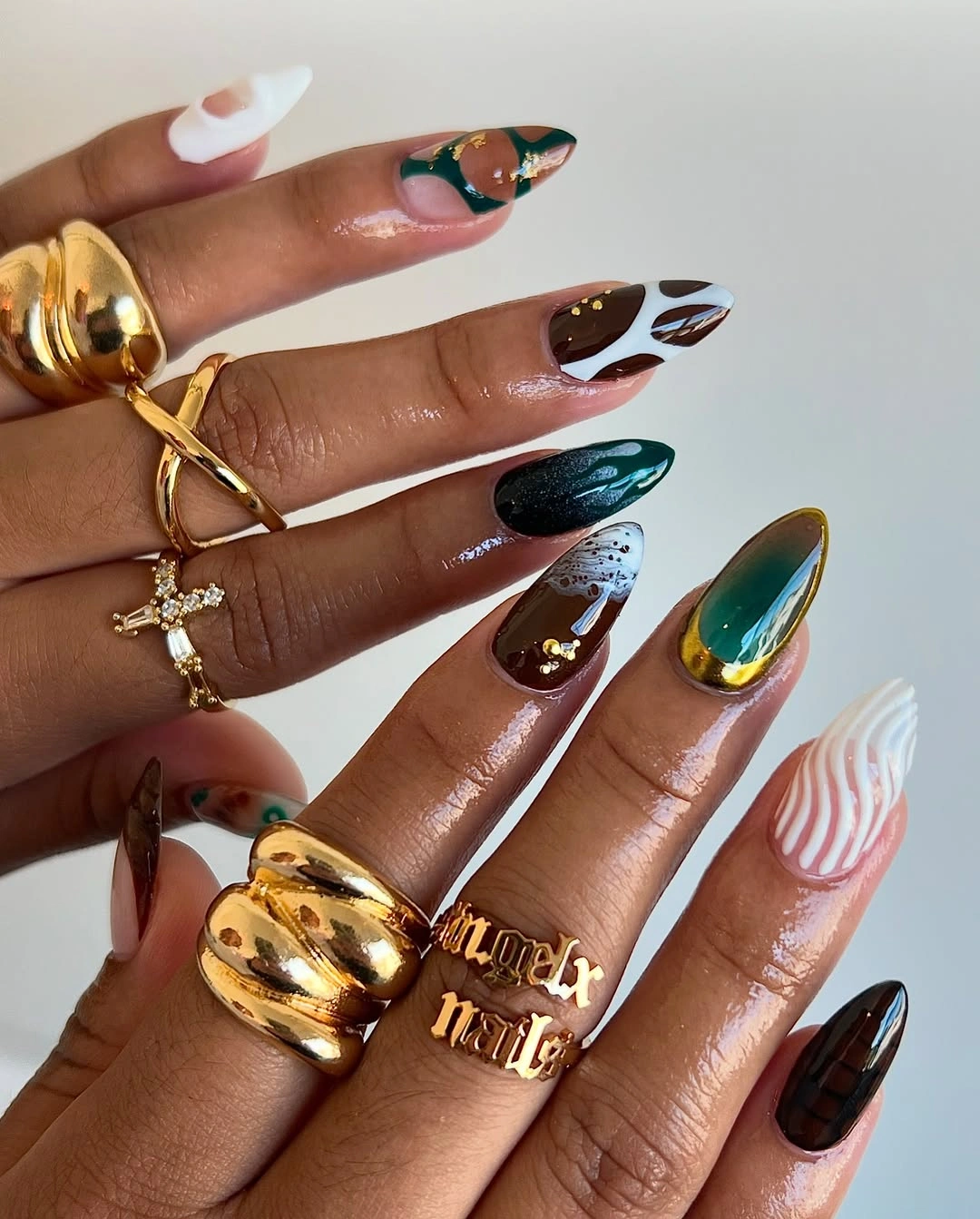 fall nail art ideas 2026 Emerald and Chocolate Mixed Art